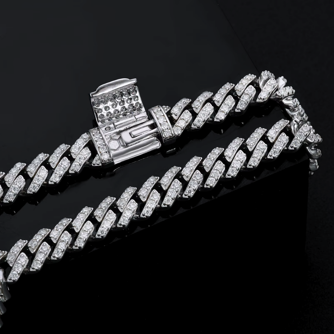ROYAL ICE VVS1 18K White Gold Cuban bracelet featuring Moissanite stones on a black background.