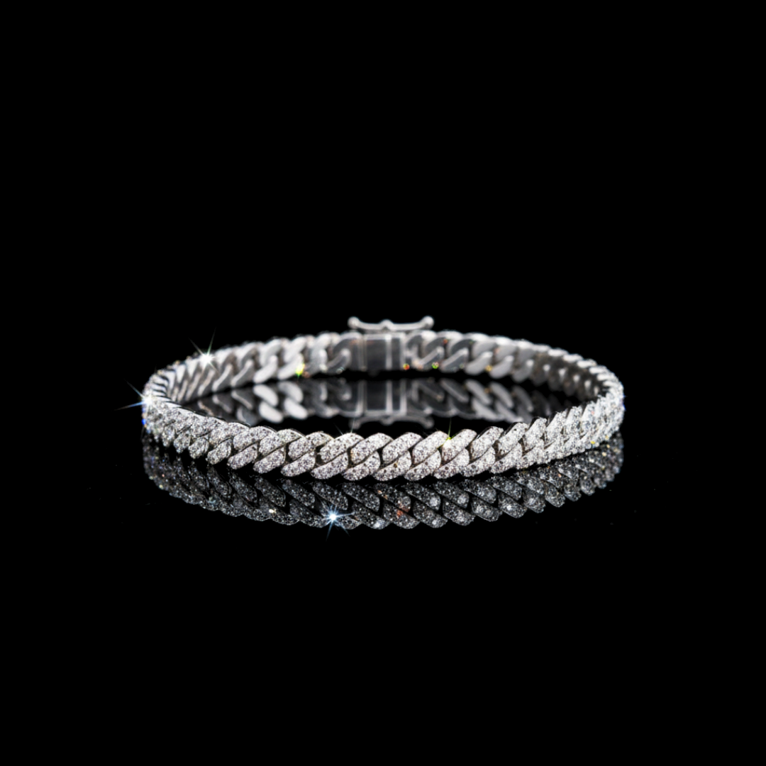 ROYAL ICE VVS1 18K White Gold Cuban bracelet showcasing D-Color VVS1 Moissanites on a reflective surface.